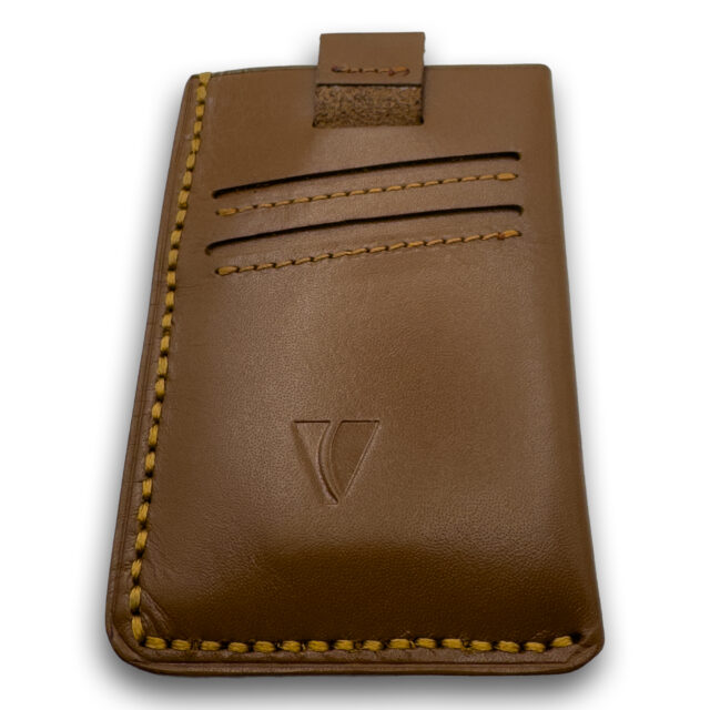 Intovention Pull-Tab Hand-Stitched Full Grain Leather Card Holder in Cognac Brown